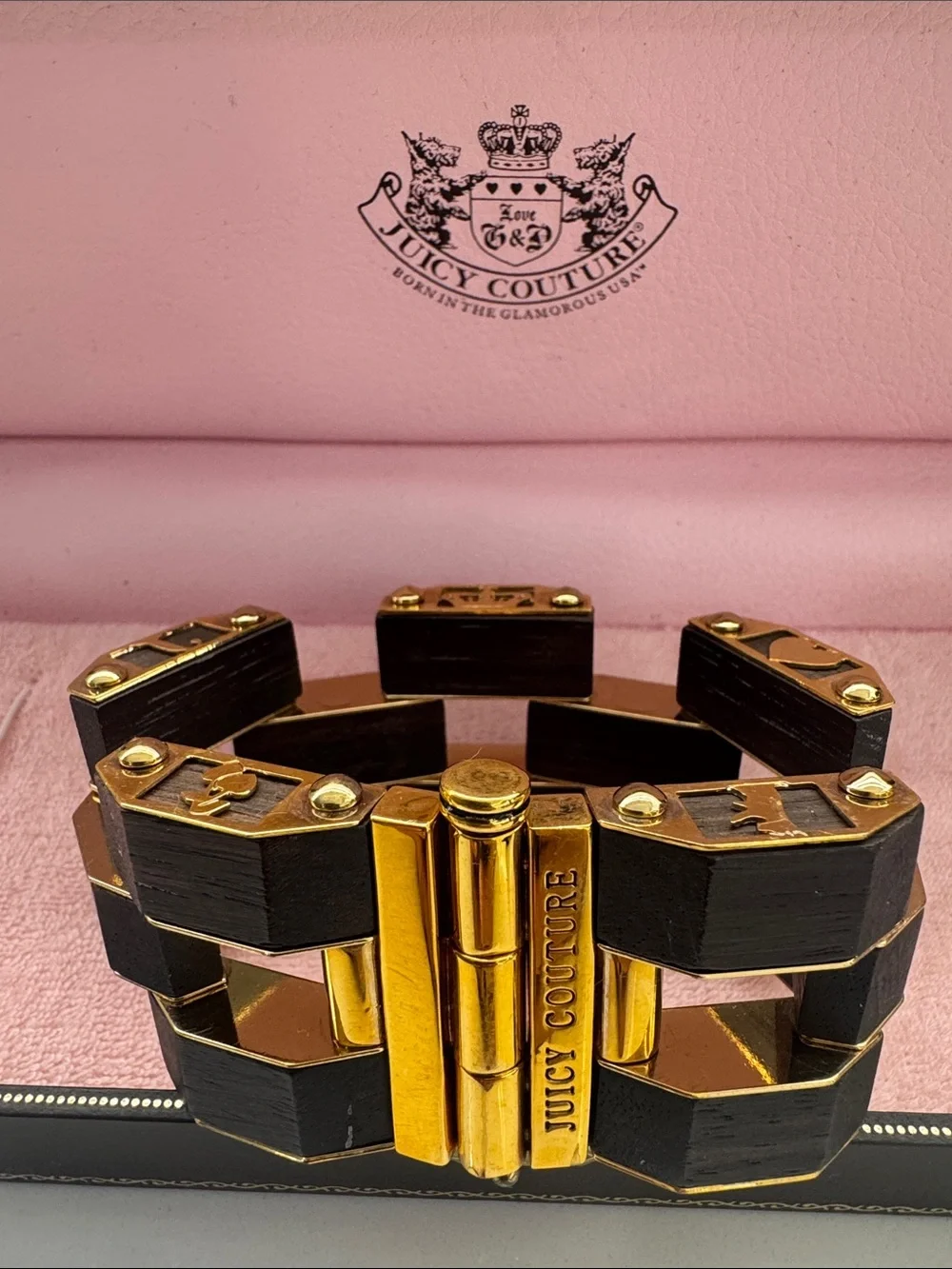 Juicy Couture Black and Gold Link Bracelet in Presentation Case